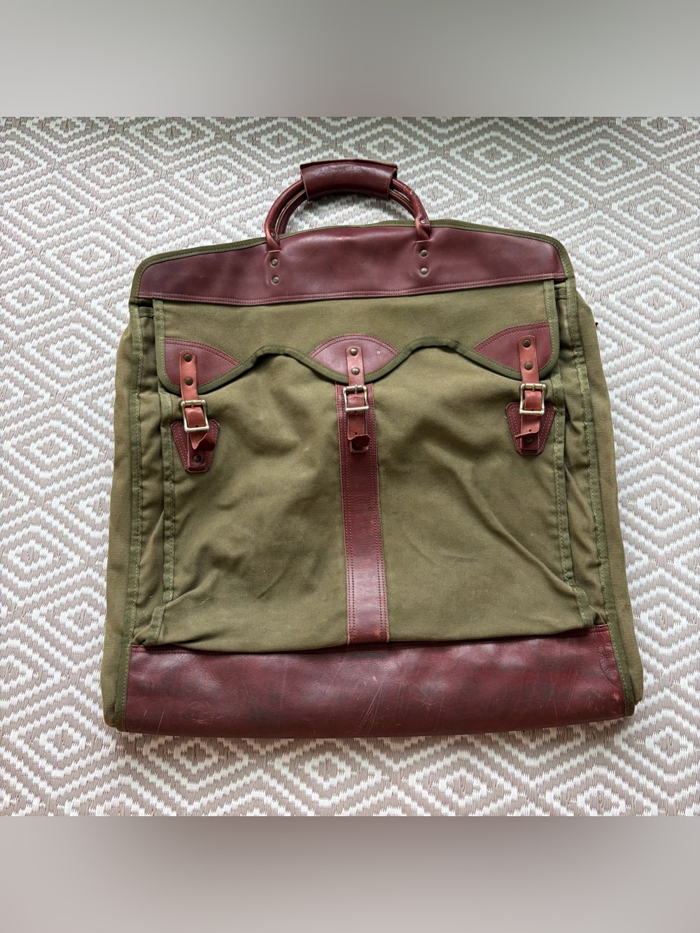 Vintage Green Canvas Brown Leather Garment Travel Zip Buckle Bag